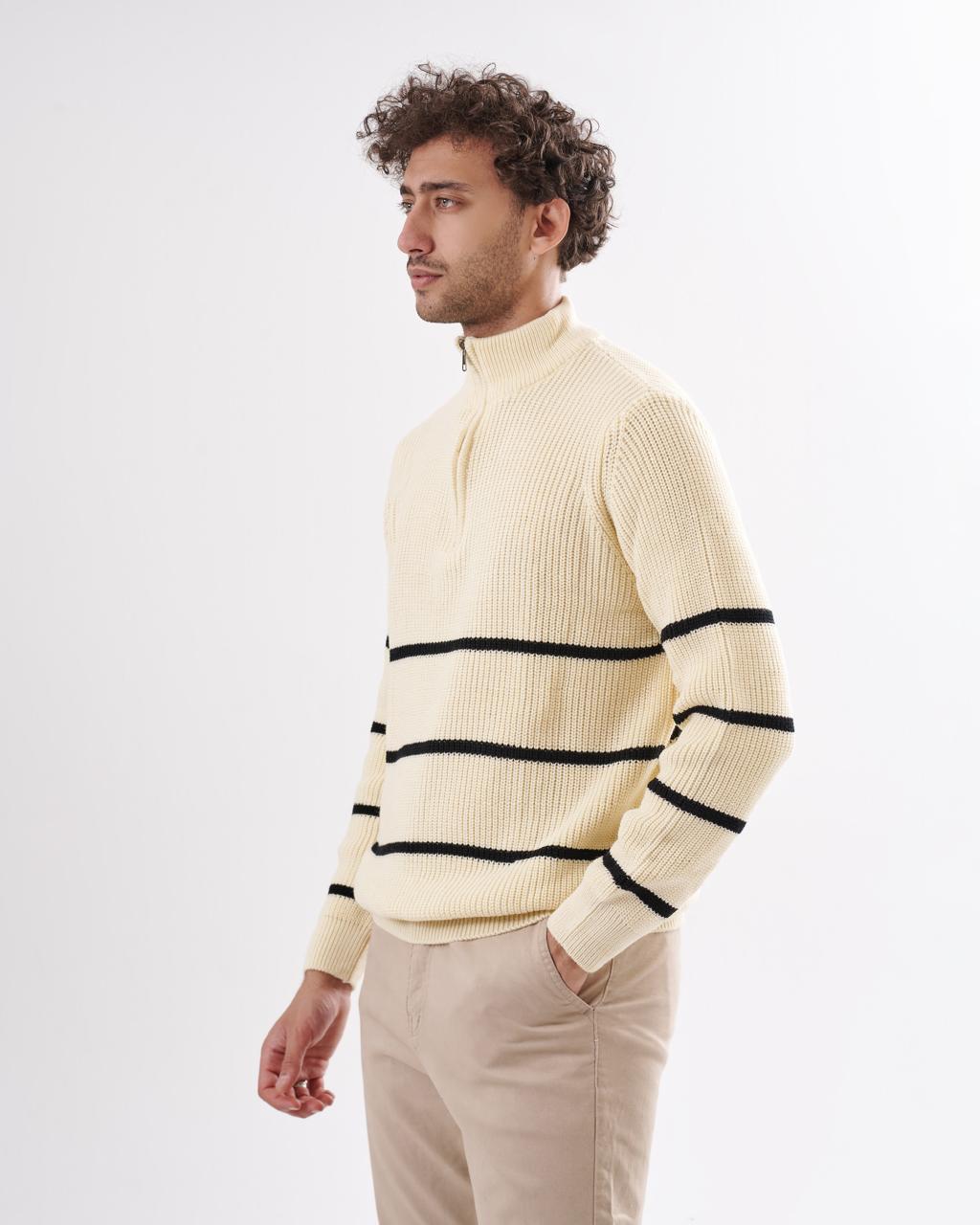 High Neck Zipper Stripe Pullover