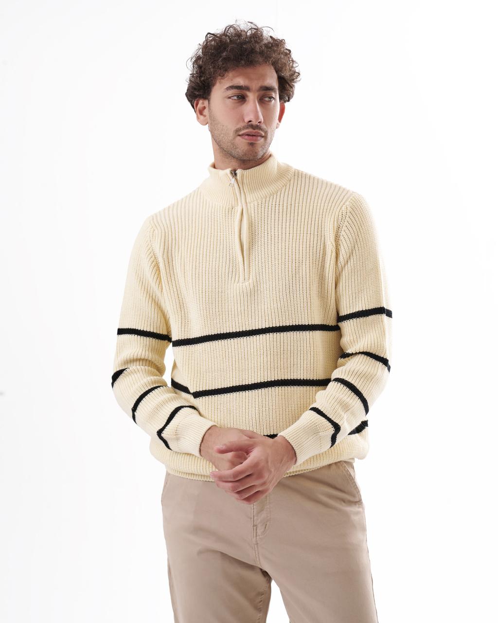 High Neck Zipper Stripe Pullover