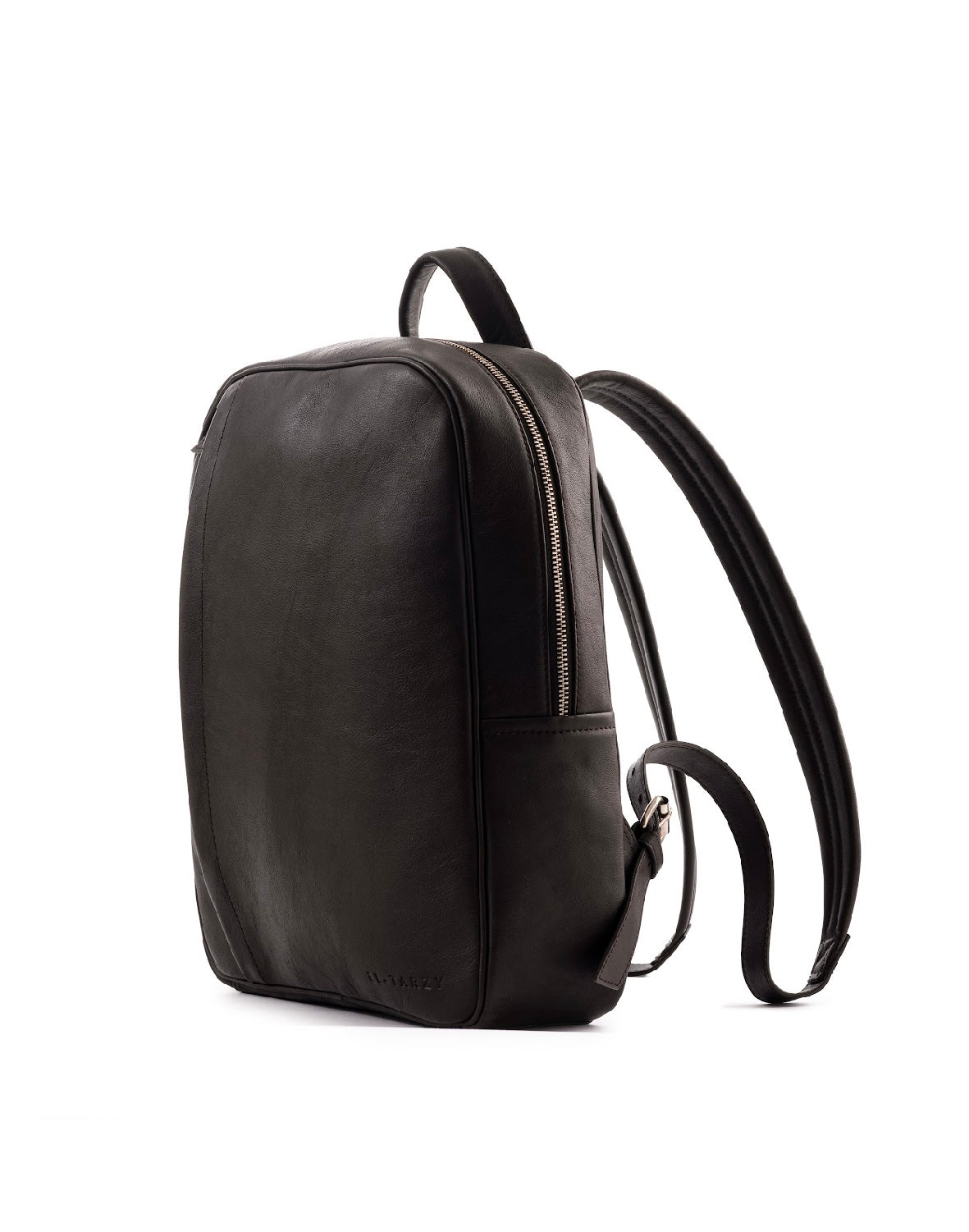black leather backpack with metal strap silhouette Sleek Leather Backpack with Metal