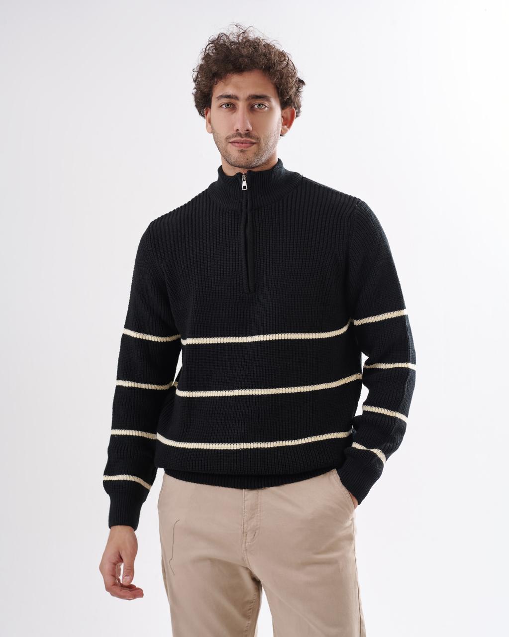 High Neck Zipper Stripe Pullover