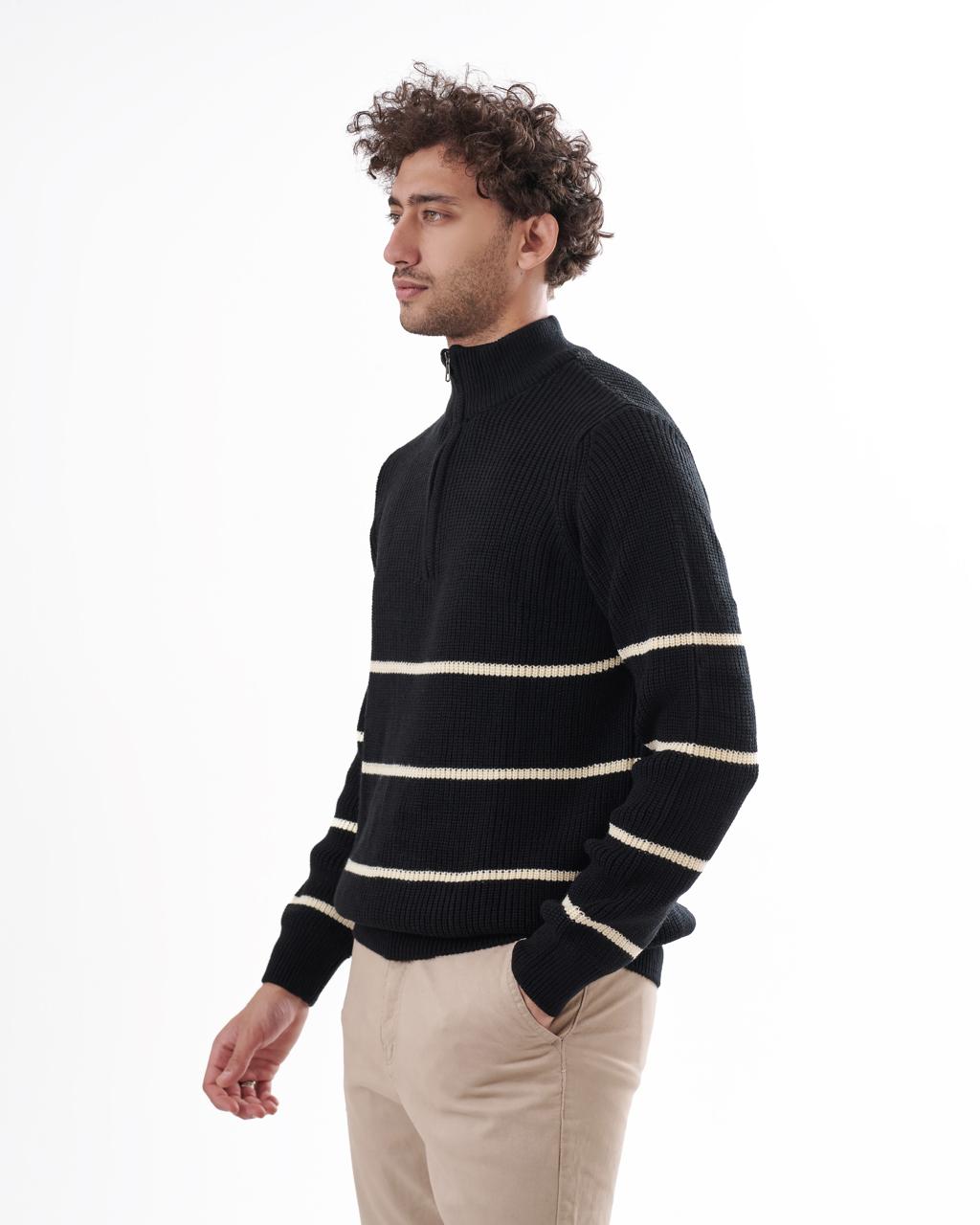 High Neck Zipper Stripe Pullover