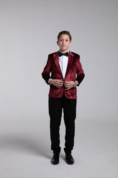 Maroon peak lapel velvet suit for kids