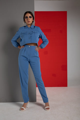 Baby blue cropped suit for women