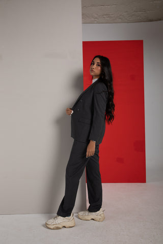 Dark grey peak lapel suit for women