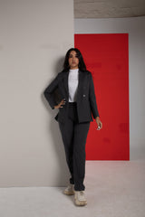 Dark grey peak lapel suit for women