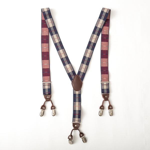 Dark blue x beige square patterned suspender